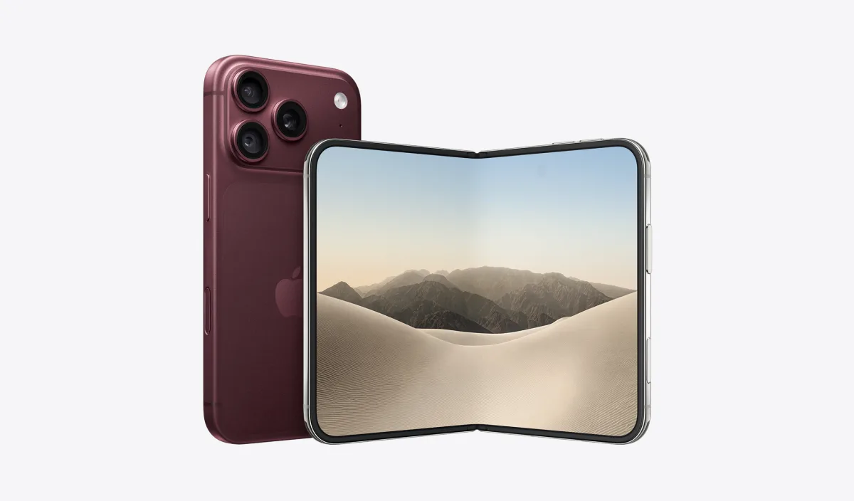 جهاز iPhone 18 Pro، الجهة الخارجية الخلفية بزاوية مائلة بلون عنّابي، نظام كاميرا 48MP Pro Fusion، شعار Apple في الوسط، الزر الجانبي، وحدة التحكم في الكاميرا، جهاز iPhone Duo، لون أبيض النجوم، الشاشة الأمامية، مفتوح جزئياً في الوضع الأفقي، صورة واحدة على امتداد الشاشة الداخلية، حواف شاشة نحيفة بلون أسود، زوايا مدورة، الزر الجانبي، وحدة التحكم في الكاميرا