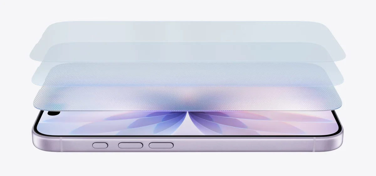 iPhone 17 horizontal on its side in Lavender finish, with a layered design showcasing Ceramic Shield 2