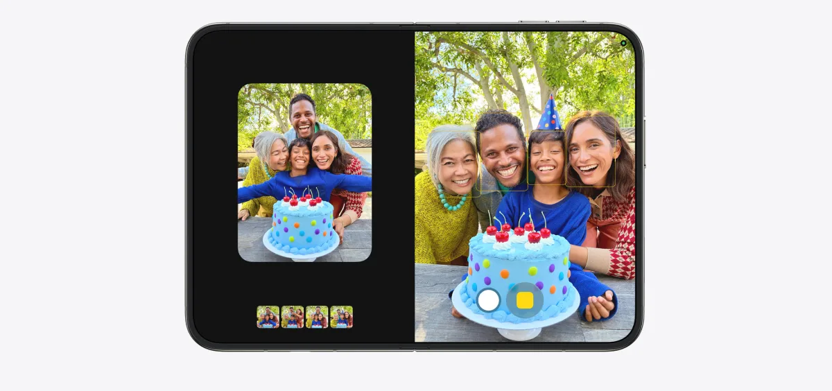 iPhone Duo, opened in a horizontal position, series of iPhone photos side by side on both screens, close-up of an adult and child smiling with a birthday cake.