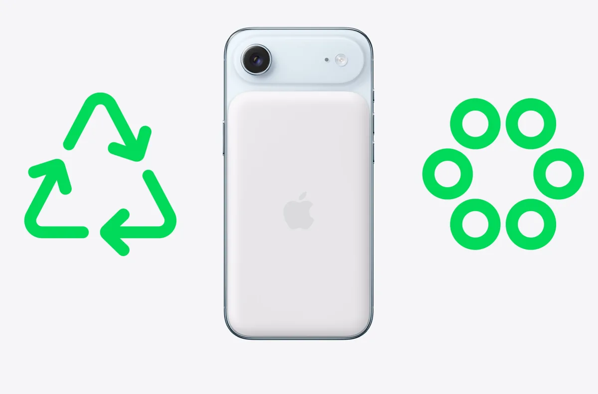 الجهة الخلفية لجهاز iPhone Air، أيقونة إعادة التدوير باللون الأخضر، أيقونة المواد الدائرية باللون الأخضر